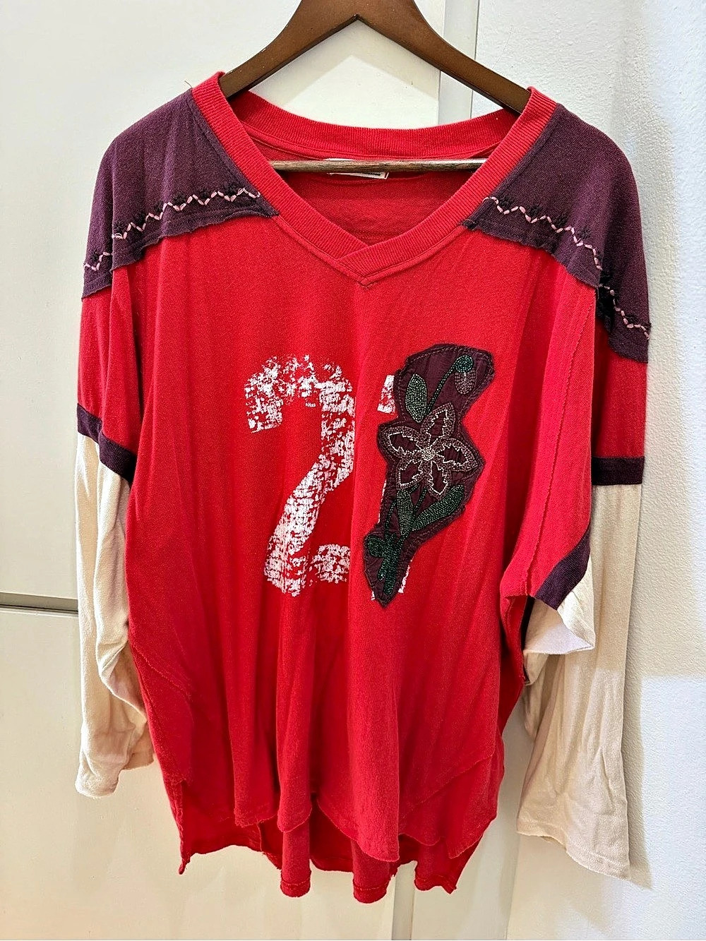 We The Free Oversized Red Long Sleeve Tee